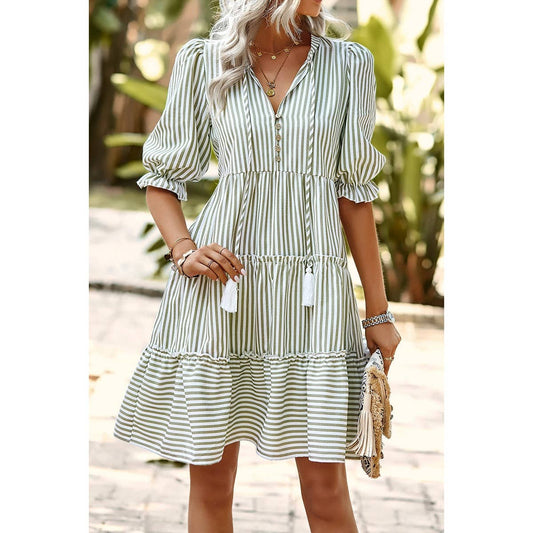 Green Stripe V - Neck Button Puff Sleeves High Waist Dress - Purpose + Passion Boutique