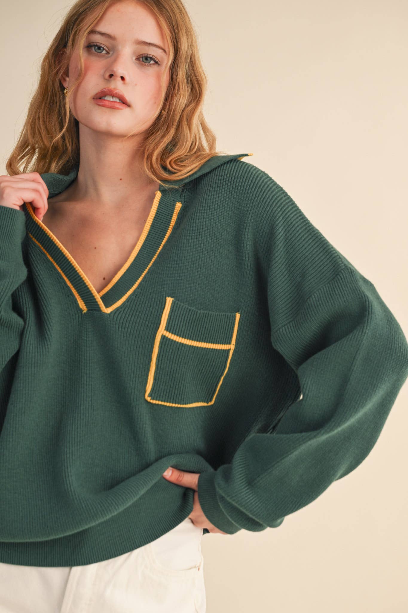 Green/Mustard Collared Pullover Sweater - Purpose + Passion Boutique