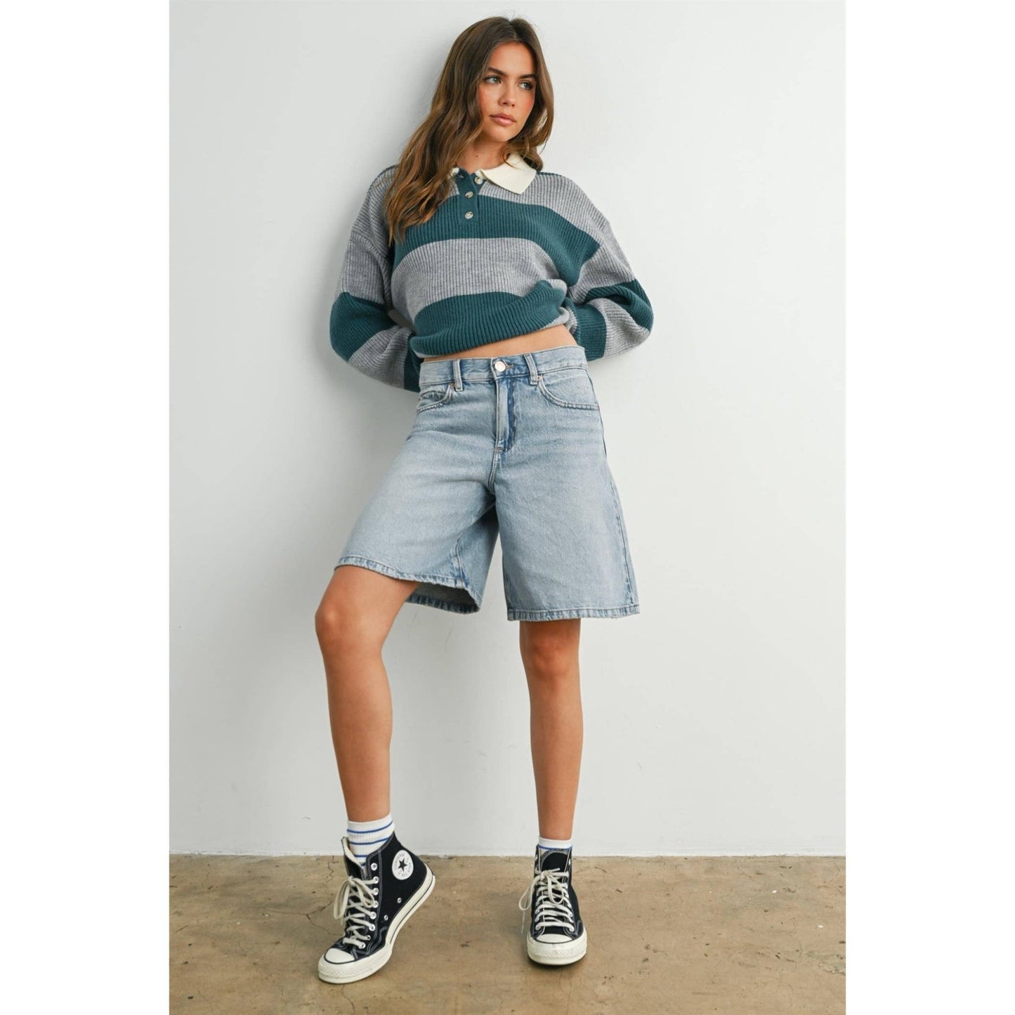 Grey / Teal Buttoned Striped Collared Long Sleeve Top - Purpose + Passion Boutique