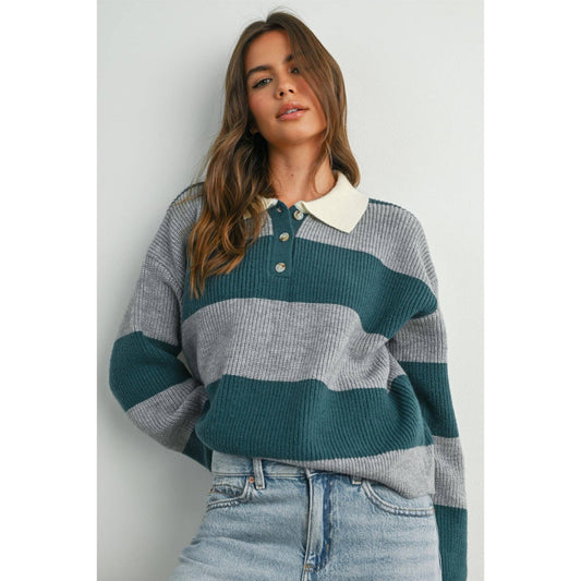 Grey / Teal Buttoned Striped Collared Long Sleeve Top - Purpose + Passion Boutique