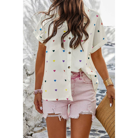 Heart Print Button Down Short Sleeve Loose Shirt - Purpose + Passion Boutique