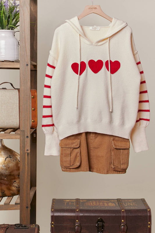 Heart Striped Ivory Sweater with Hoodie - Purpose + Passion Boutique