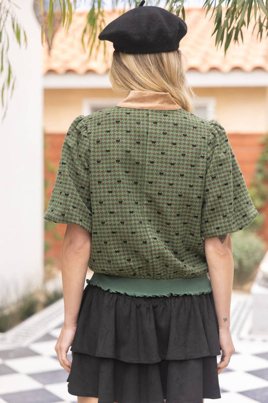 Hunter Green Snap Buttoned Contrast Placket Bow Flannel Top - Purpose + Passion Boutique