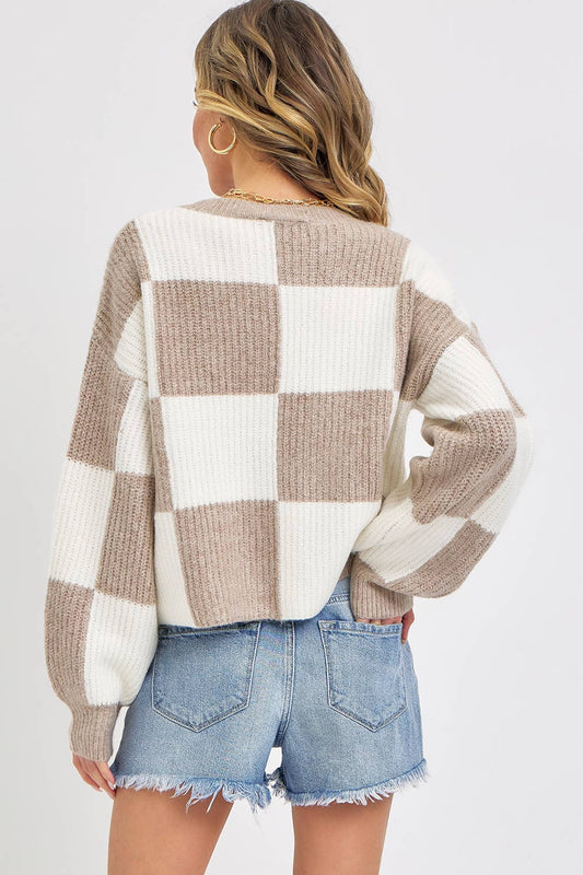 Ivory Brown Soft Cozy Checker Knit Sweater - Purpose + Passion Boutique