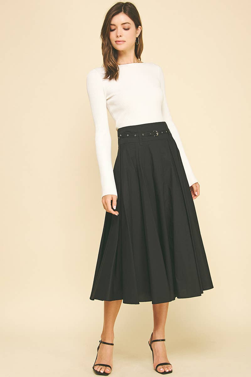 Jet Black Pleated A - Line Midi Skirt w/Belt - Purpose + Passion Boutique