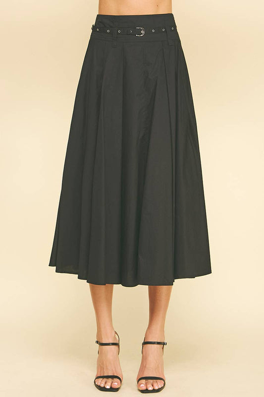 Jet Black Pleated A - Line Midi Skirt w/Belt - Purpose + Passion Boutique