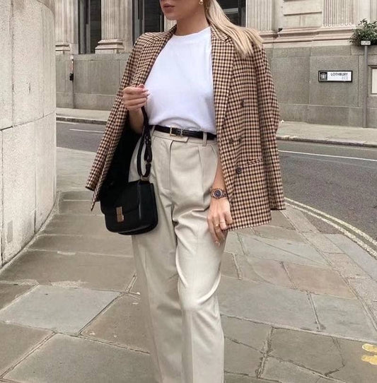 Khaki Check Double - Breasted Blazer - Purpose + Passion Boutique