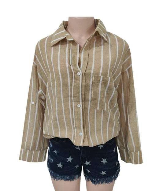 Khaki Contrast Striped Shirt With Pocket - Purpose + Passion Boutique