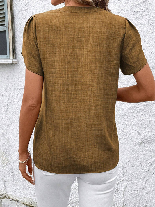 Khaki Half Open Collar Embossed Blouse - Purpose + Passion Boutique