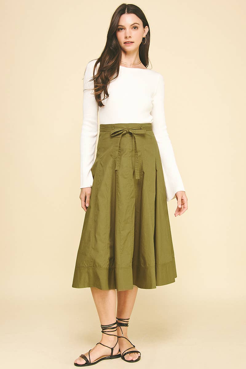 Khaki Pleated Midi Skirt with Tie - Purpose + Passion Boutique