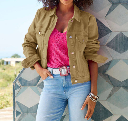 Khaki Slim Cropped Denim Jacket - Purpose + Passion Boutique