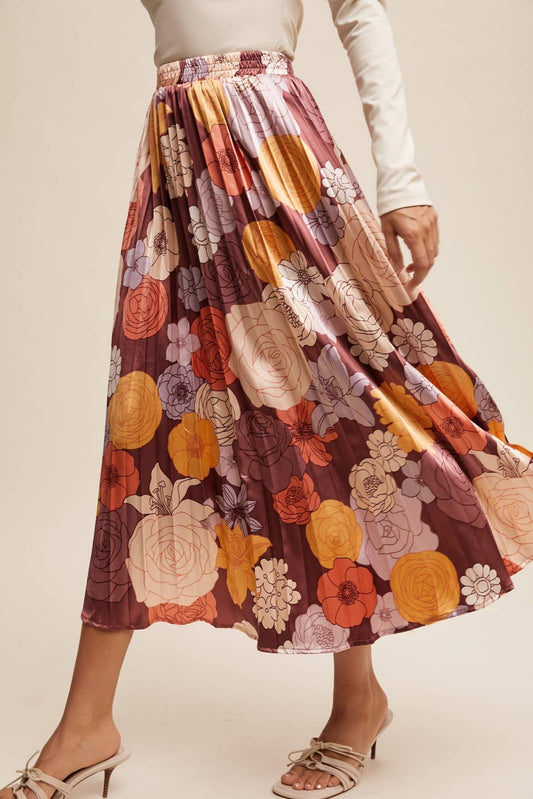 Maroon Stretch Satin Pleated Floral Midi Skirt - Purpose + Passion Boutique