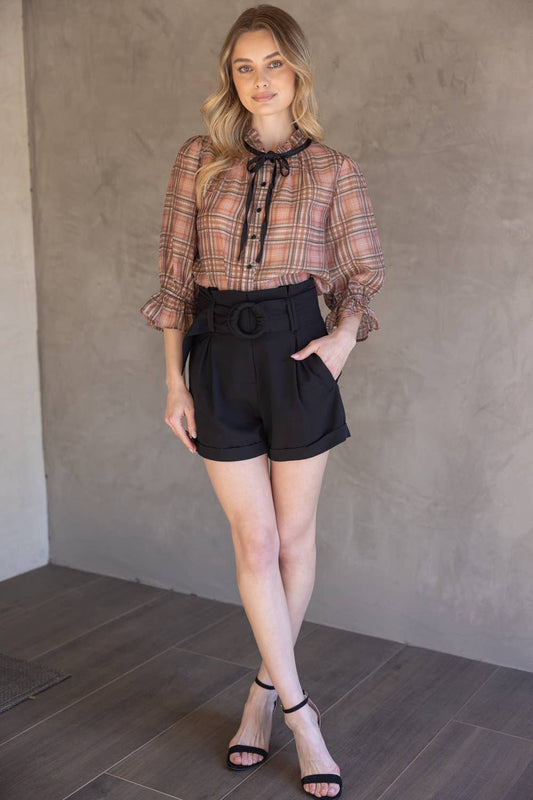 Mauve Contrast Front Tie Plaid Button Down Blouse - Purpose + Passion Boutique