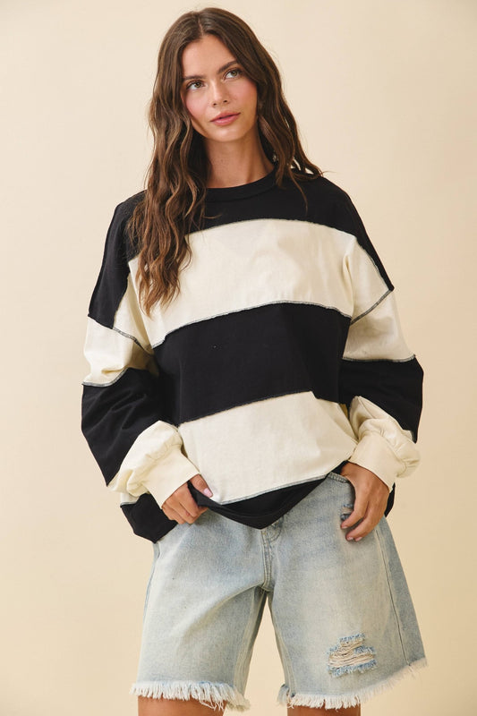 Navy Contrast Panel Long Sleeve Slouchy Top - Purpose + Passion Boutique