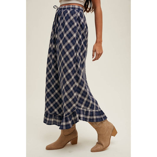 Navy + Cream Plaid Ruffle Hem Midi Skirt - Purpose + Passion Boutique