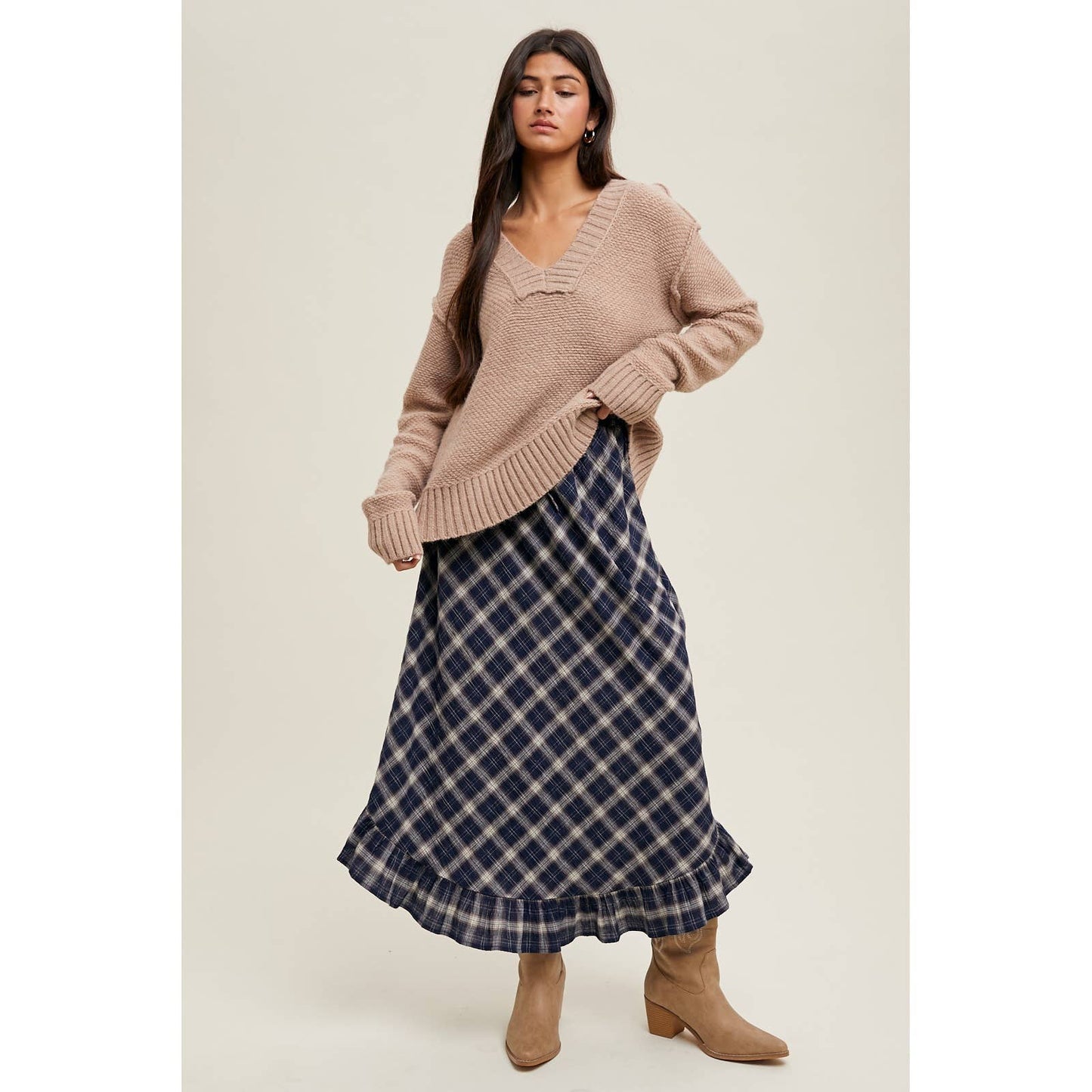 Navy + Cream Plaid Ruffle Hem Midi Skirt - Purpose + Passion Boutique