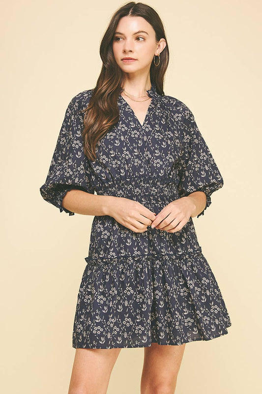 Navy Floral Balloon Sleeve Mini Dress - Purpose + Passion Boutique