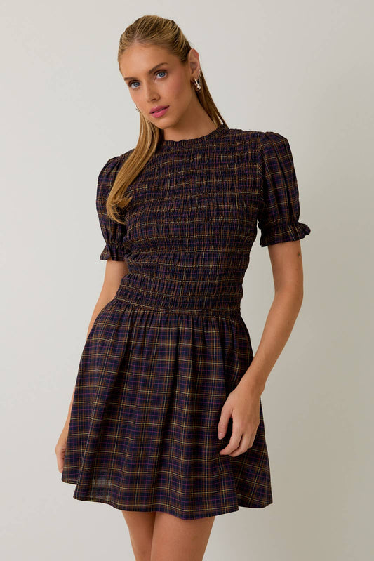 Navy Plaid Ruffle Smocked Dress - Purpose + Passion Boutique