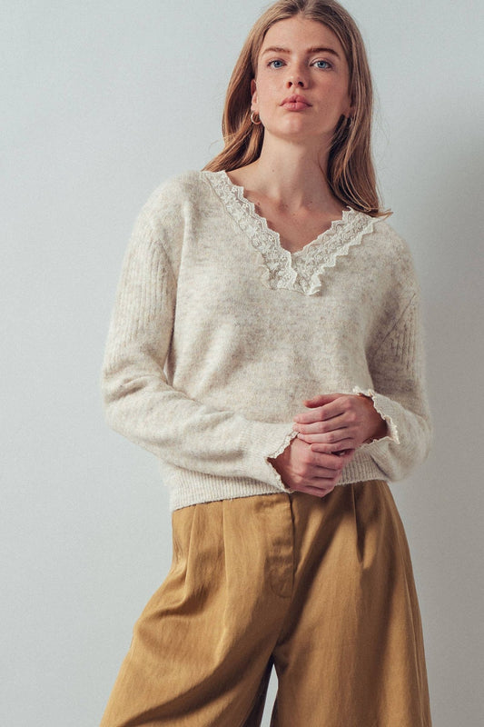 Oatmeal + Ivory Lace Trim V - Neck Heathered Knit Sweater - Purpose + Passion Boutique