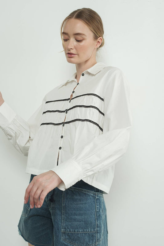 Off White Contrast Lace Babydoll Button Down - Purpose + Passion Boutique