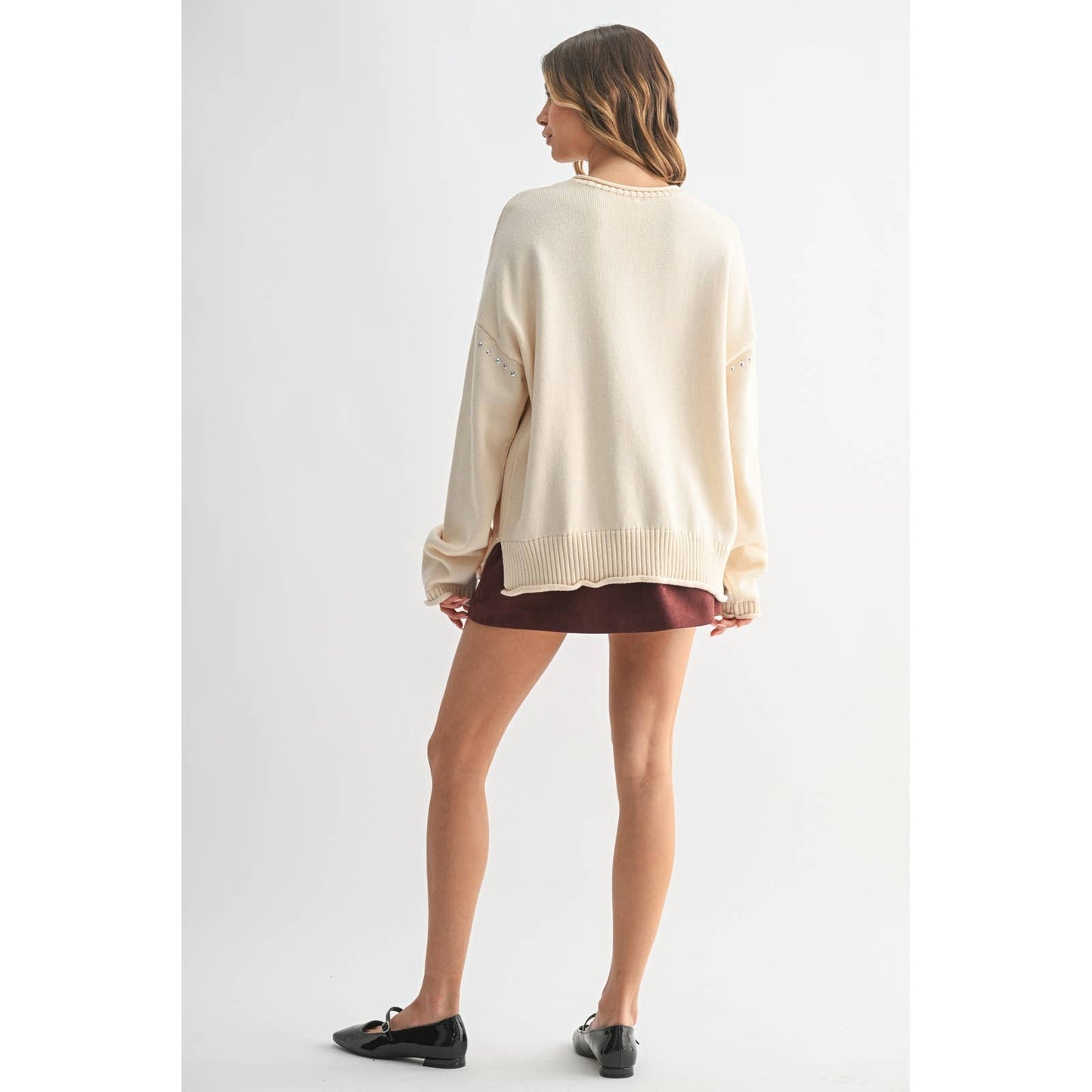 Off - White Studded Drop Shoulder Sweater - Purpose + Passion Boutique