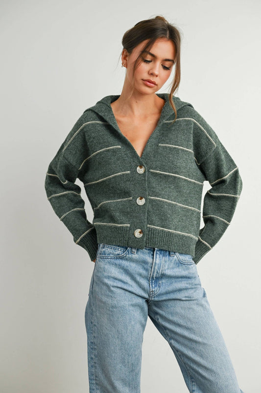 Olive Button - Up Striped Collared Long Sleeve Top - Purpose + Passion Boutique