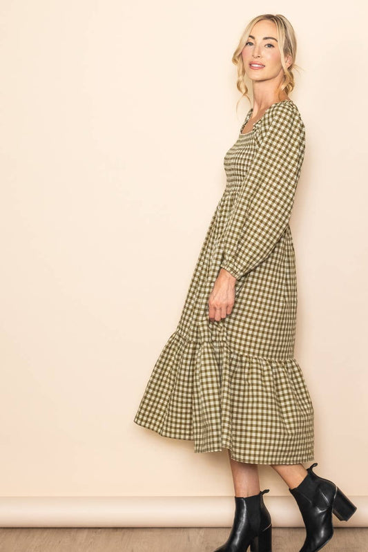 Olive Gingham Square Neck Smocked Chest Midi Dress - Purpose + Passion Boutique