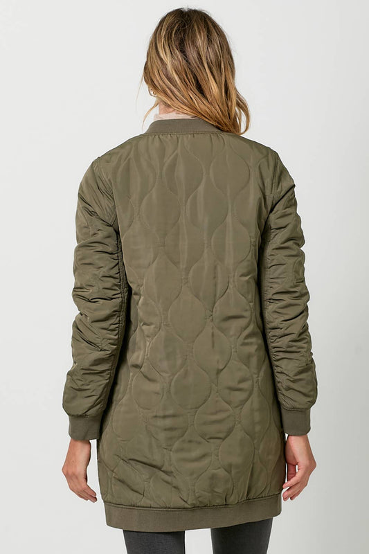 Olive Quilted Long Bomber Jacket - Purpose + Passion Boutique