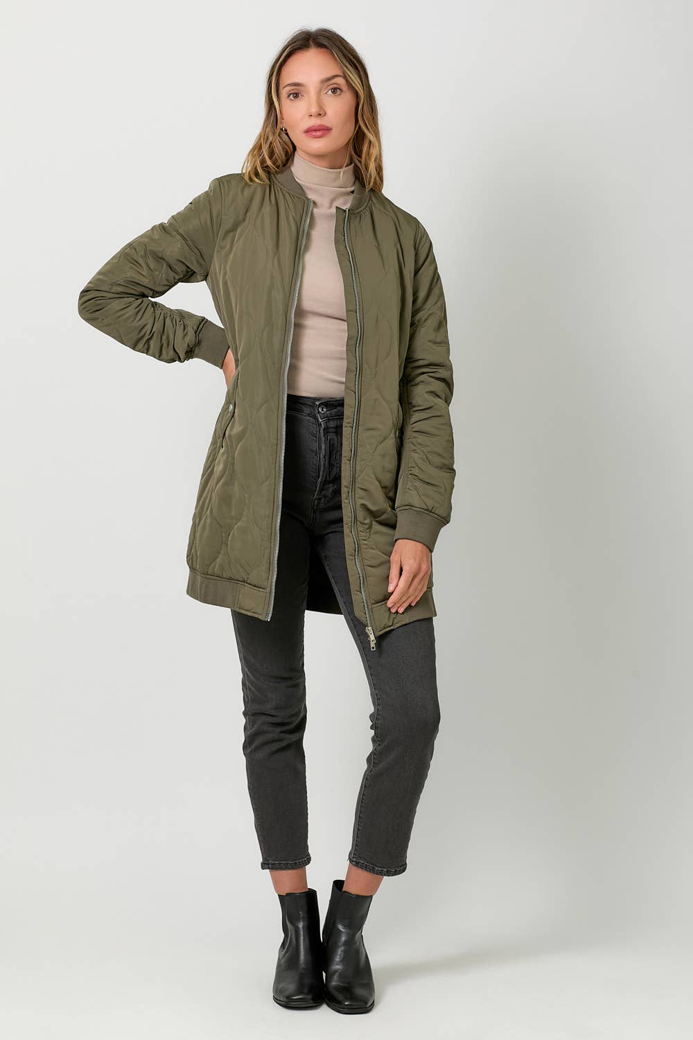 Olive Quilted Long Bomber Jacket - Purpose + Passion Boutique