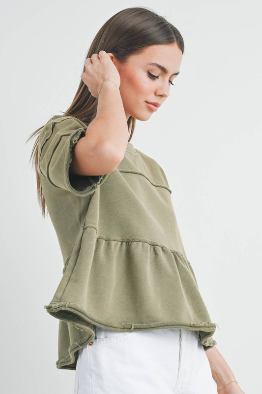 Olive Solid Ruffle Tiered Blouse - Purpose + Passion Boutique