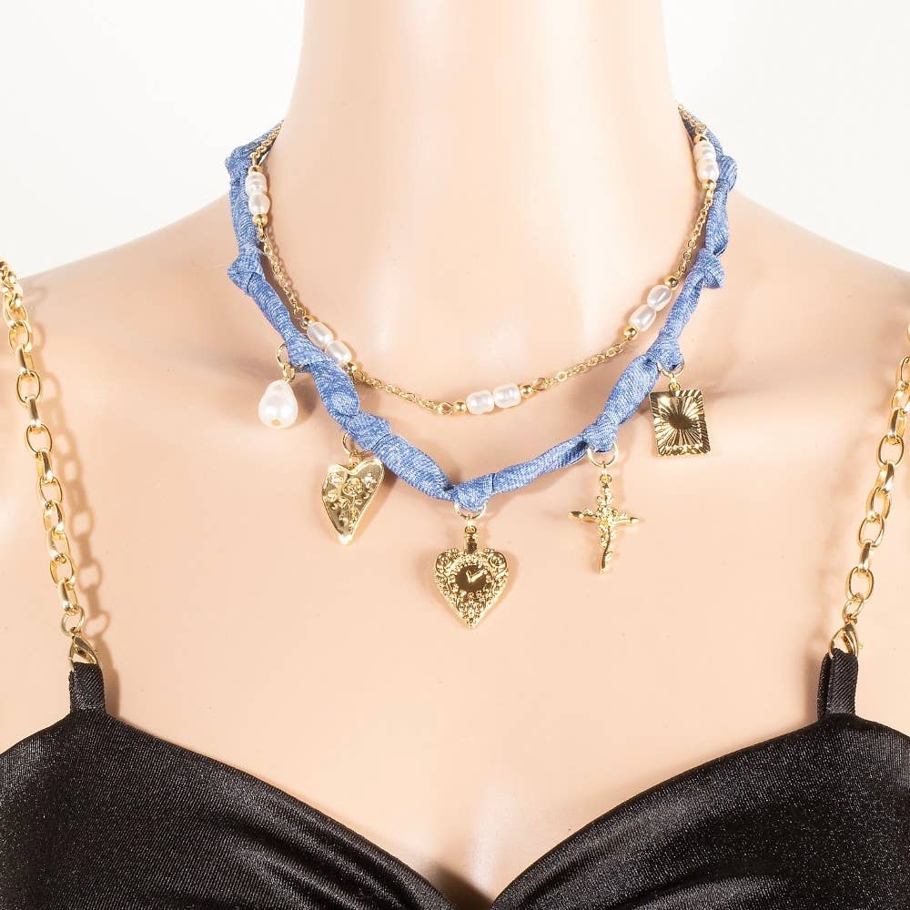 Paisley Denim And Assorted Charms Chain Layered Necklace - Purpose + Passion Boutique