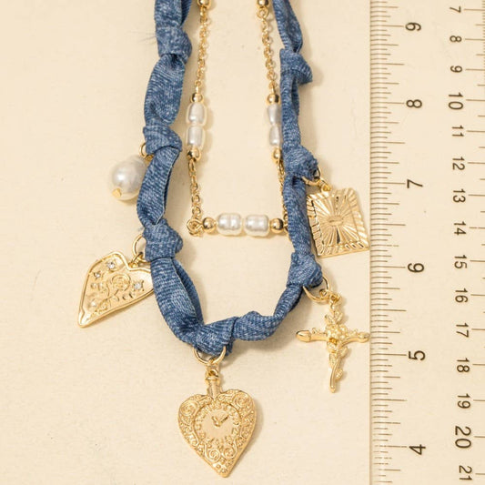 Paisley Denim And Assorted Charms Chain Layered Necklace - Purpose + Passion Boutique