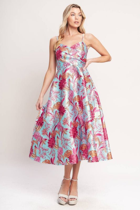 Pink & Light Blue Floral Spaghetti Strap Midi Dress - Purpose + Passion Boutique