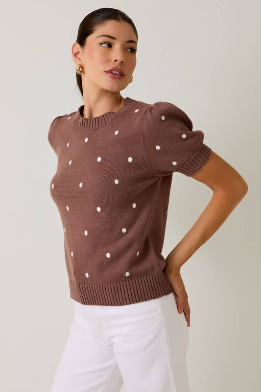 Polka Dot Brown Embroidered Sweater - Purpose + Passion Boutique