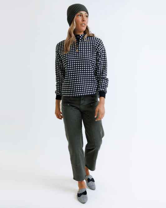 Puffy Gingham Mock Neck Half Button Long Sleeve Pullover - Purpose + Passion Boutique