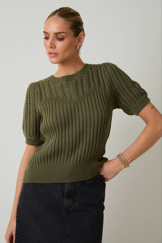 Round Neck Puff Sleeve Cable Sweater - Purpose + Passion Boutique