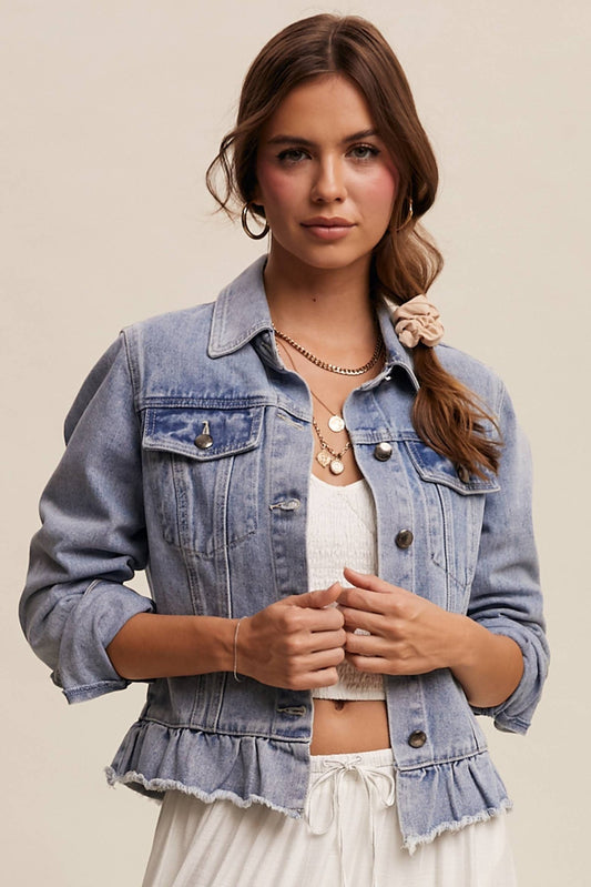 Ruffled Hem Light Denim Jacket - Purpose + Passion Boutique