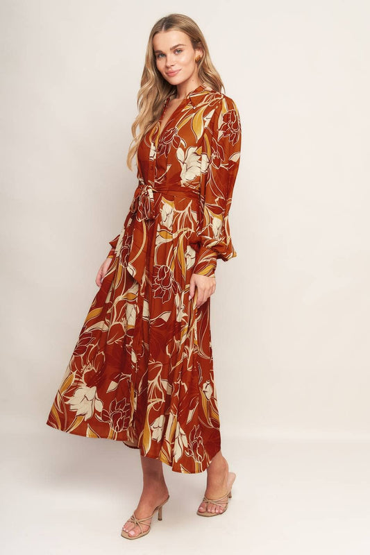 Rust/Cream Pattern Long Dress - Purpose + Passion Boutique