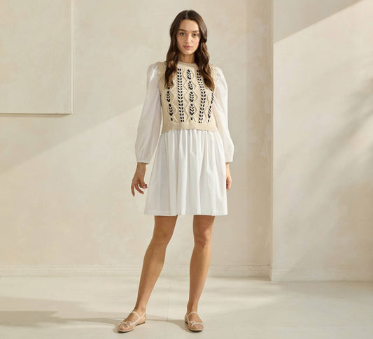 Sand & Ivory Sweater & Poplin Combo Mini Dress - Purpose + Passion Boutique