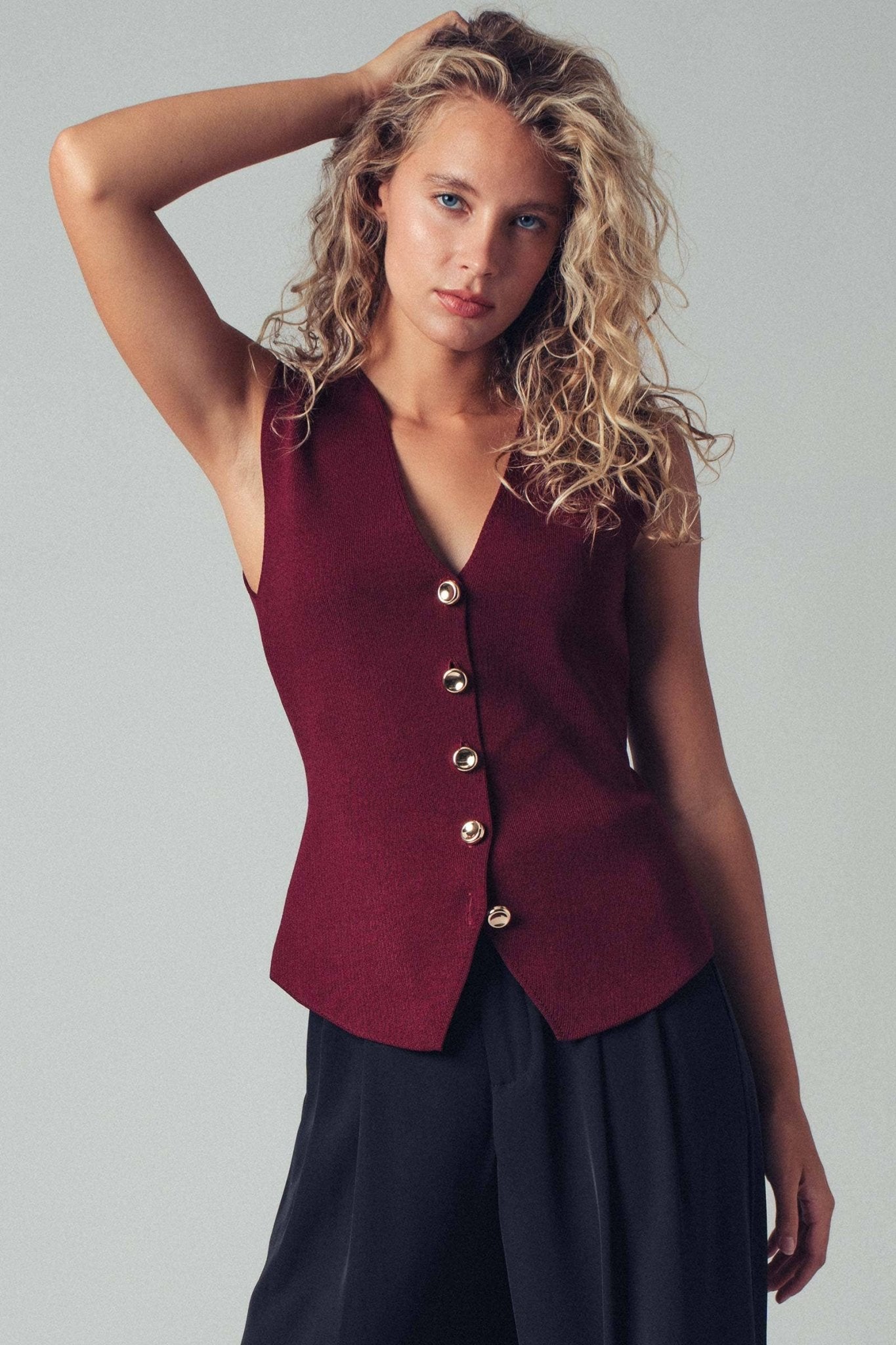 Sculpted Burgundy Button - Front Knit Vest - Purpose + Passion Boutique