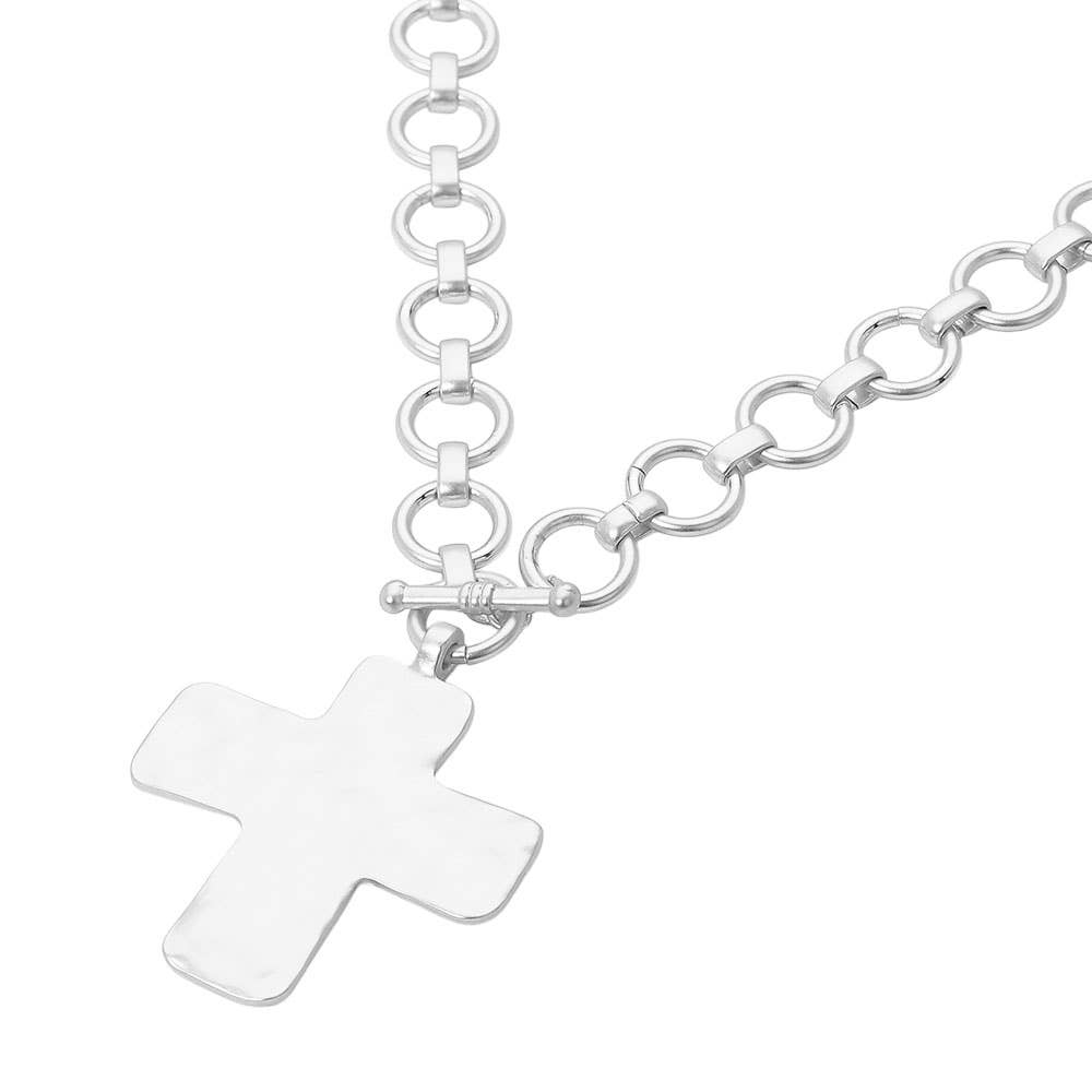 Silver Hammered Matte Metal Cross Pendant Chunky Chain Toggle Necklace - Purpose + Passion Boutique