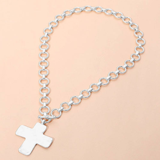 Silver Hammered Matte Metal Cross Pendant Chunky Chain Toggle Necklace - Purpose + Passion Boutique