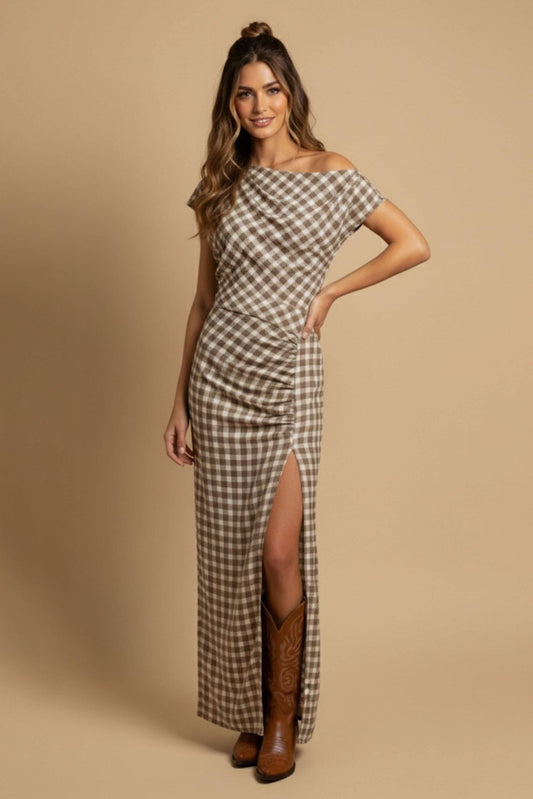 Spring Off - Shoulder Gingham Maxi Dress - Purpose + Passion Boutique