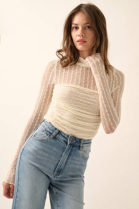 Striped Floral Lace Ruched Mock - Neck Bodysuit - Purpose + Passion Boutique