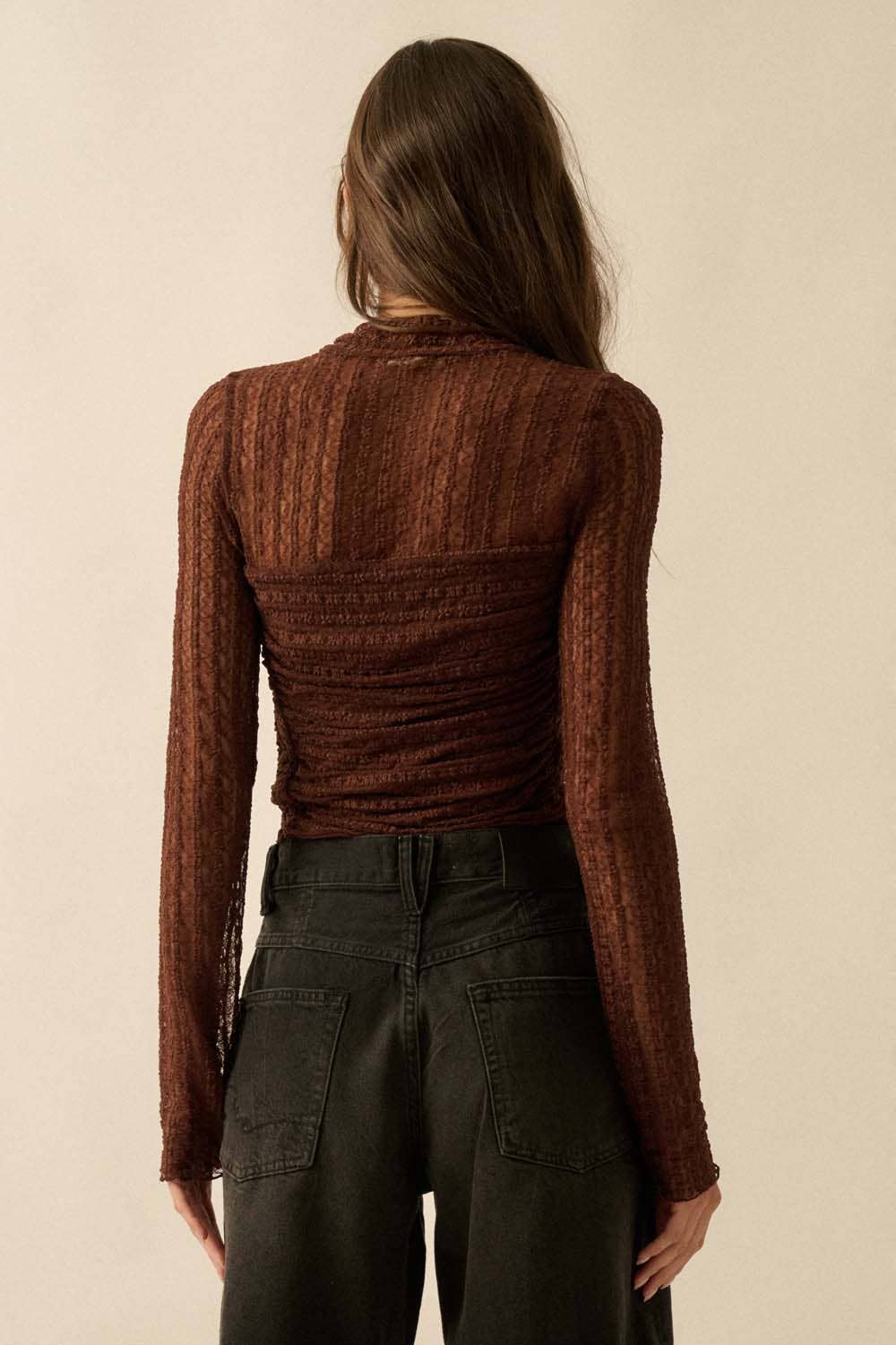 Striped Floral Lace Ruched Mock - Neck Bodysuit - Purpose + Passion Boutique