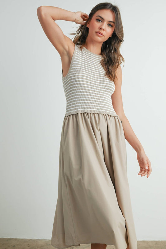 Striped Taupe / Ivory Sleeveless Maxi Dress with Pockets - Purpose + Passion Boutique