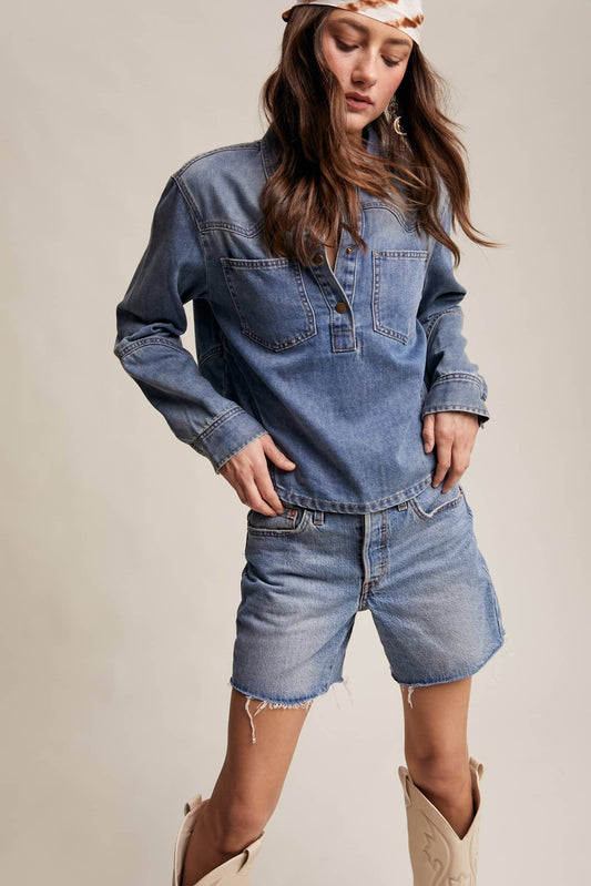 Sun - washed Blue Western - Inspired Denim Shirt - Purpose + Passion Boutique