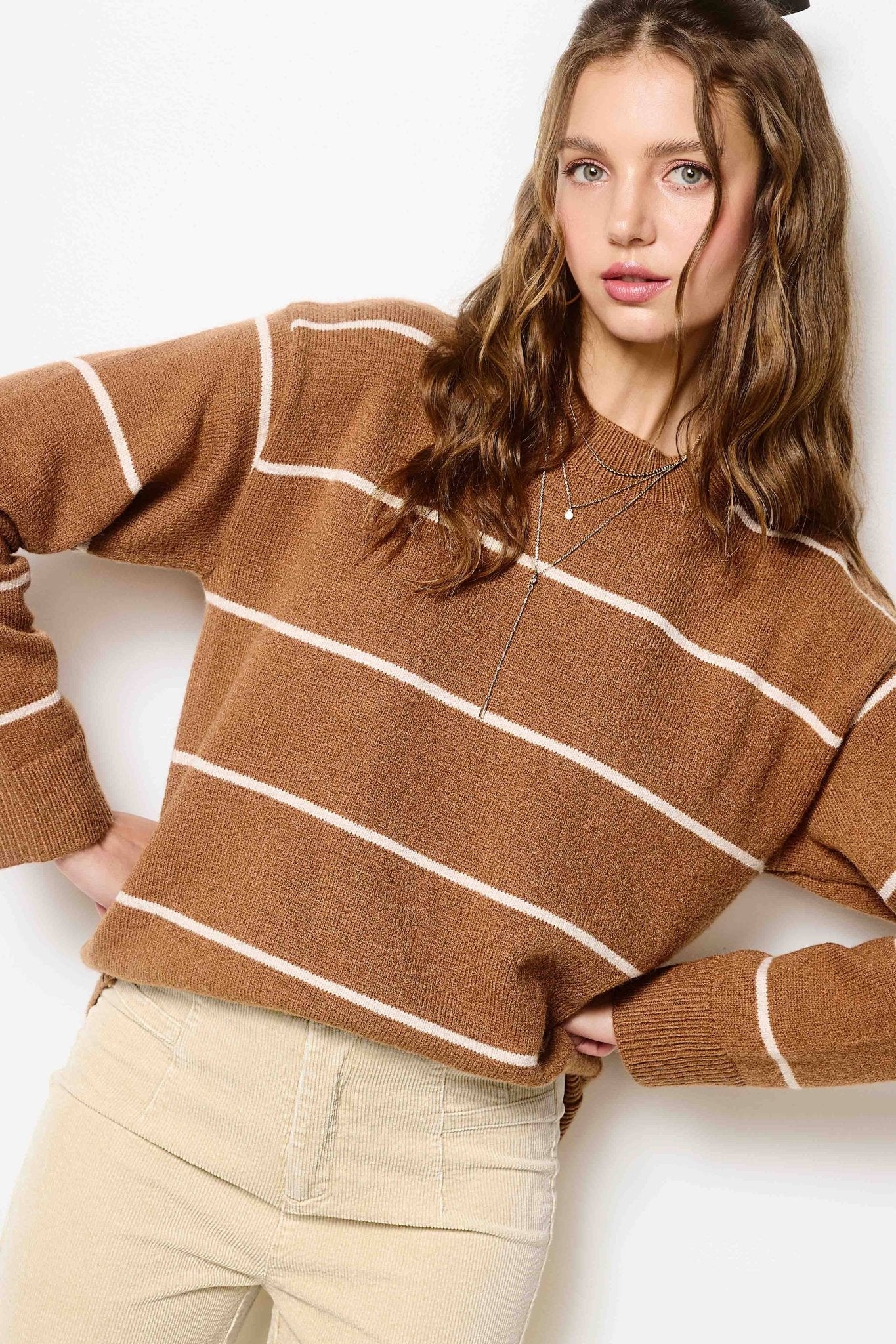 Tan Loose Fit Stripe Long Sleeve Crewneck Sweater - Purpose + Passion Boutique