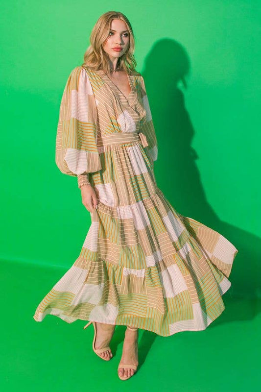 Taupe/Green/Coral Colorblock Midi Dress - Purpose + Passion Boutique