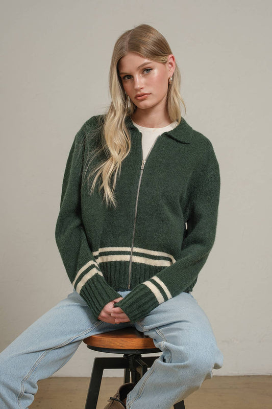 Varsity Green/Cream Stripe Zip - Up Knit Jacket - Purpose + Passion Boutique